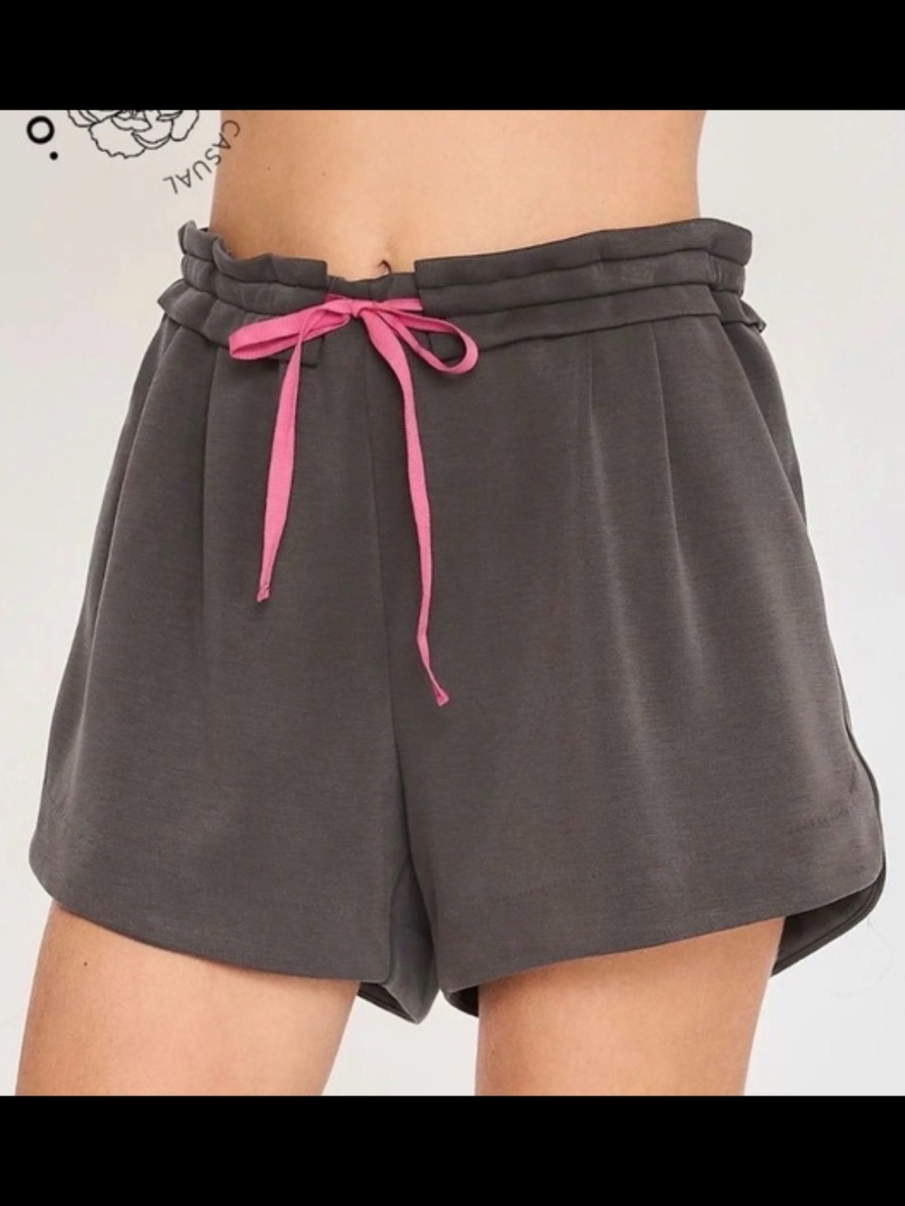NWT Umgee Charcoal Gray Paperbag Waist Shorts with Pink Drawstring Size L